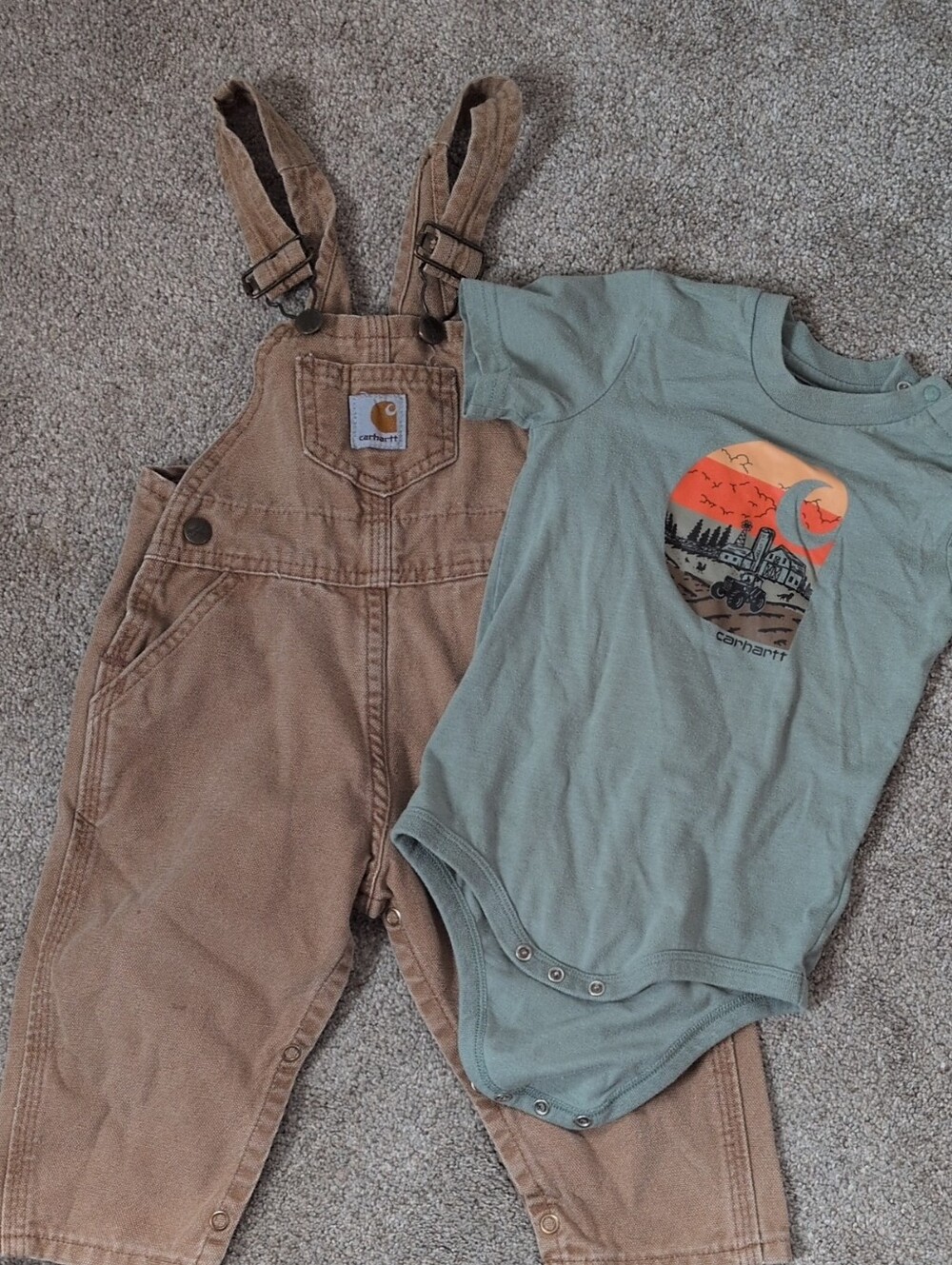 Carhartt Tan Canvas Overalls with Sage Green Graphic Bodysuit